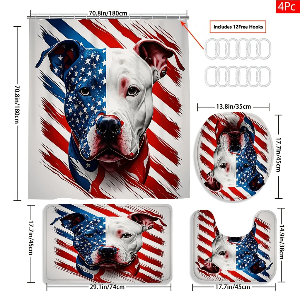2D Flat Stars Stripes Pitbull Shower Curtain Set Patriotic Bathroom Decor with Hooks Polyester Washable Home Art