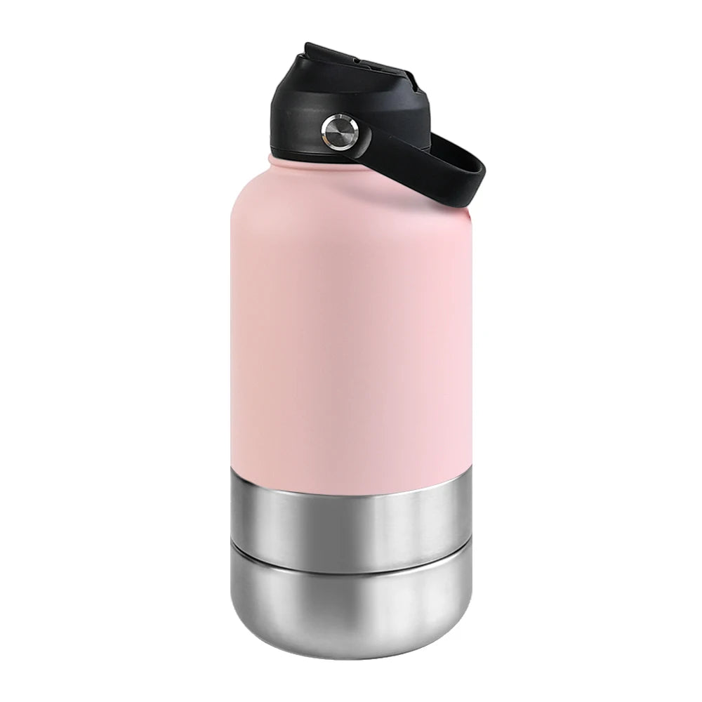 OKKPETS 32Oz Portable 3 in 1 Pet Water Bottle Stainless Steel Pet Feeder Travel Outdoor 34Oz Multifunc Pet Bowl Dog Food Cup