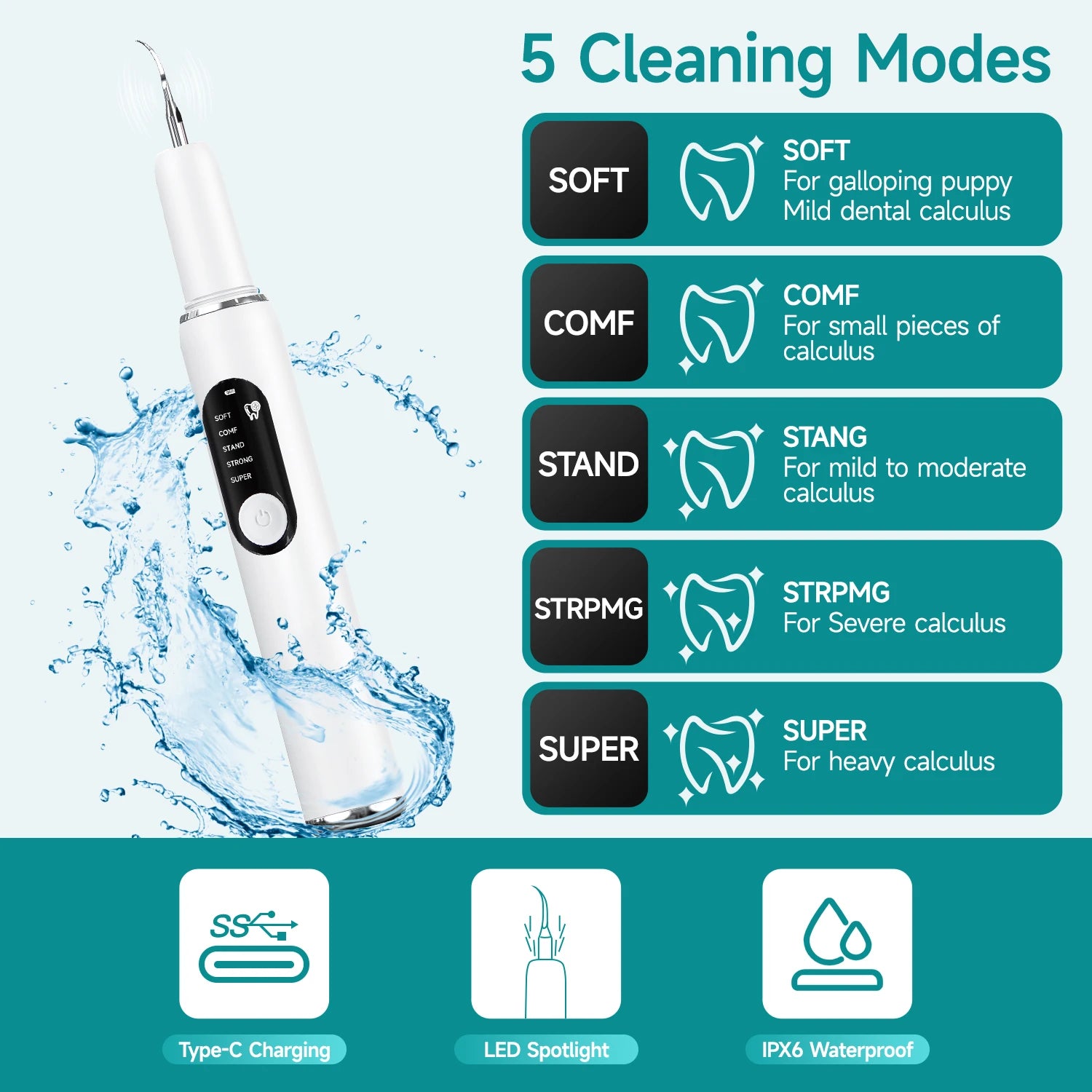 CURVY MOON Dog Use Ultrasonic Tooth Cleaner Dog Cat Pet Dental Scaler for Tartar Removal Teeth Cleaning Tool with LED Light