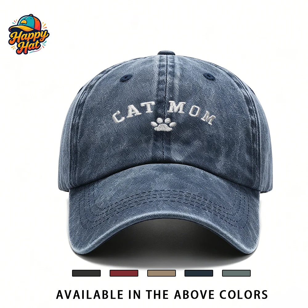 Cat Mom Paw Print Embroidered Vintage Baseball Cap for Women Sun Hat for Summer Daily Wear Beach Sports