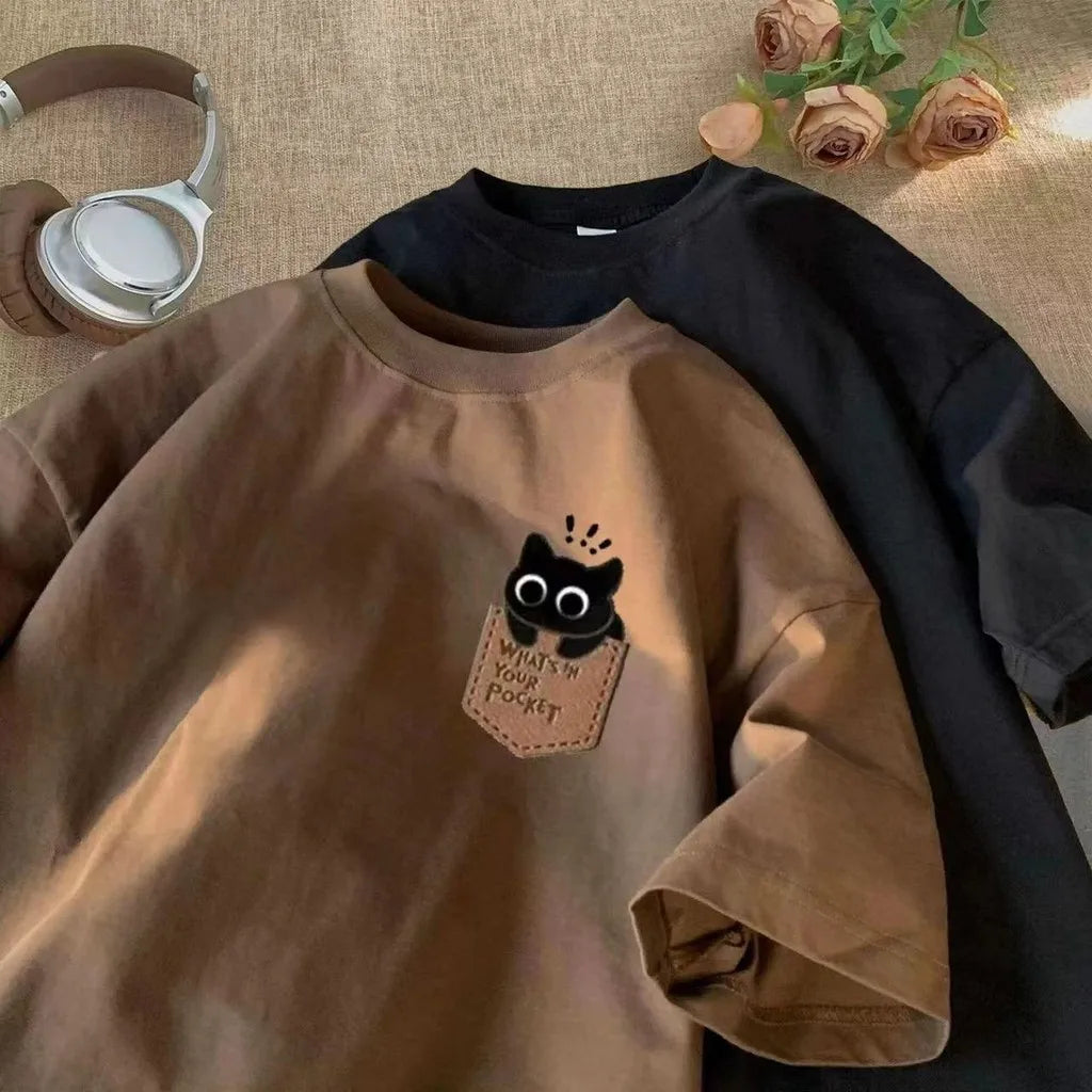 Men/Women Cute Cat Pocket Print Oversized T-Shirt Casual Short Sleeve Summer Tee