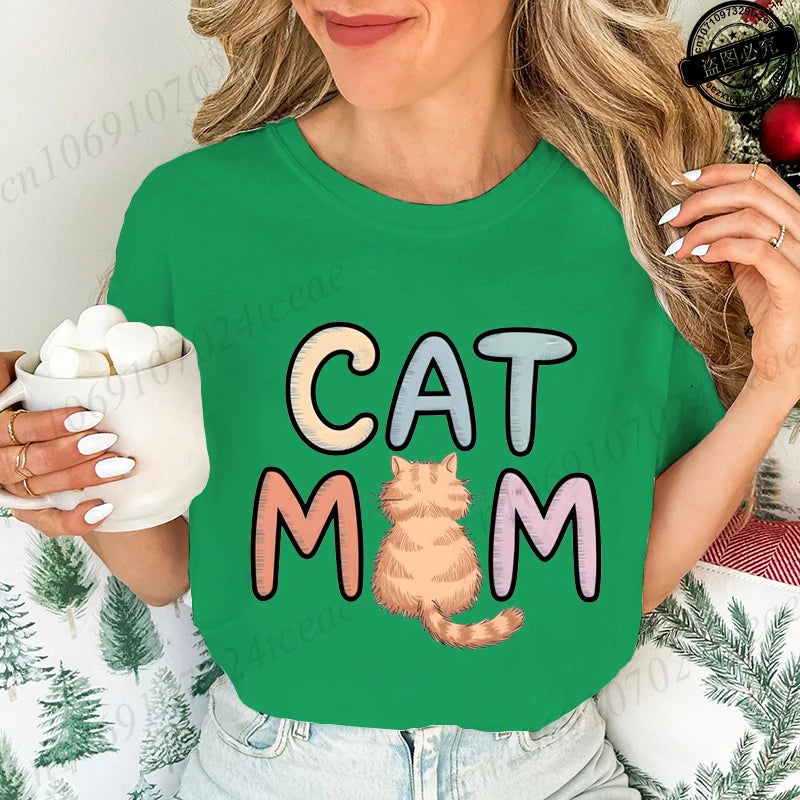 Summer New Fashion T-Shirts Cute Cat Mom Graphic Print Clothing Women's T-Shirt Harajuku Graphic Clothing Women Top Short Sleeve