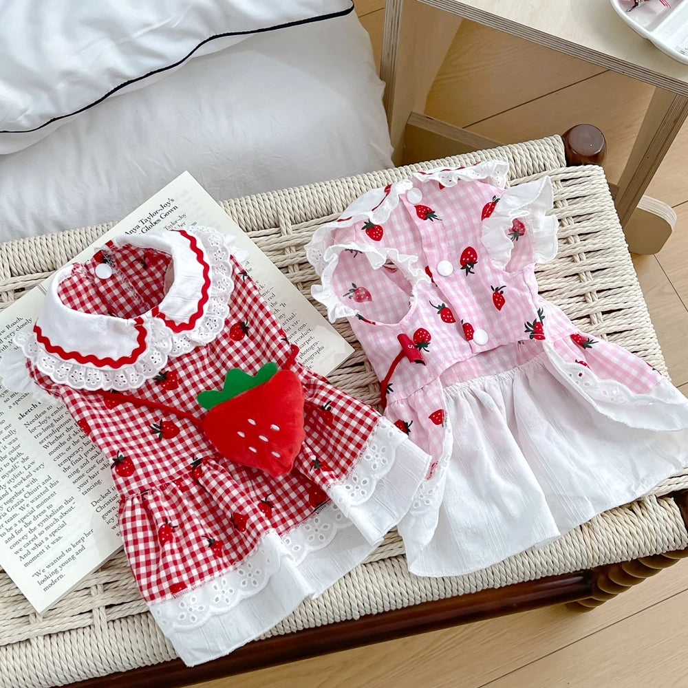 Strawberry Plaid Dog Dress — Cute Summer Outfit for Small Female Dogs & Cats