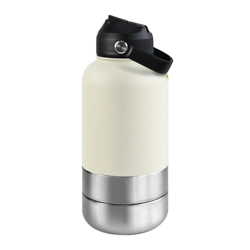 OKKPETS 32Oz Portable 3 in 1 Pet Water Bottle Stainless Steel Pet Feeder Travel Outdoor 34Oz Multifunc Pet Bowl Dog Food Cup