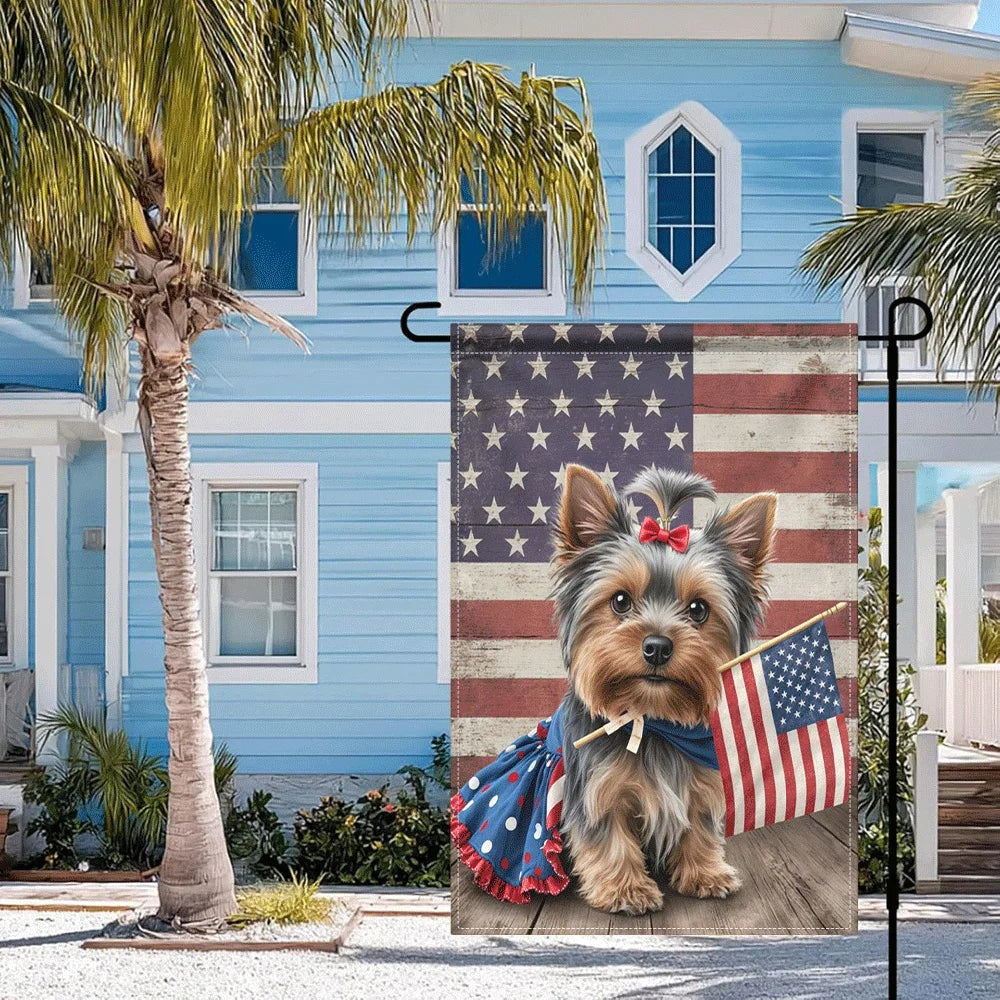 1PC Patriotic Yorkie Dog Garden Flag 4th of July Decor Double Sided Rustic American Stars and Stripes Flag Out
