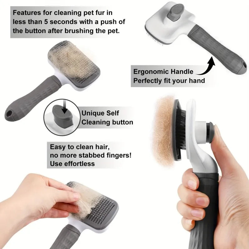 Pet Grooming Brush with One-Click Hair Removal — Massaging Comb for Dogs & Cats
