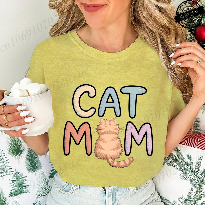 Summer New Fashion T-Shirts Cute Cat Mom Graphic Print Clothing Women's T-Shirt Harajuku Graphic Clothing Women Top Short Sleeve