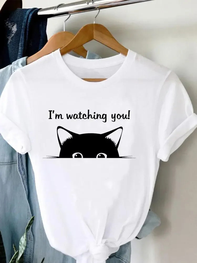 Women's Harajuku Short-Sleeved Graphic T-Shirt Cat Print Aesthetic Top Casual Wear Polyester Fabric Summer Fashion