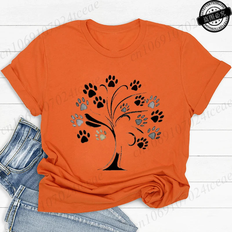 Women Dog Paw Print Graphic T Shirt Cute Pet Lover O Neck Short Sleeve Casual Streetwear Aesthetic Daily Fashion Tee Tops Gift