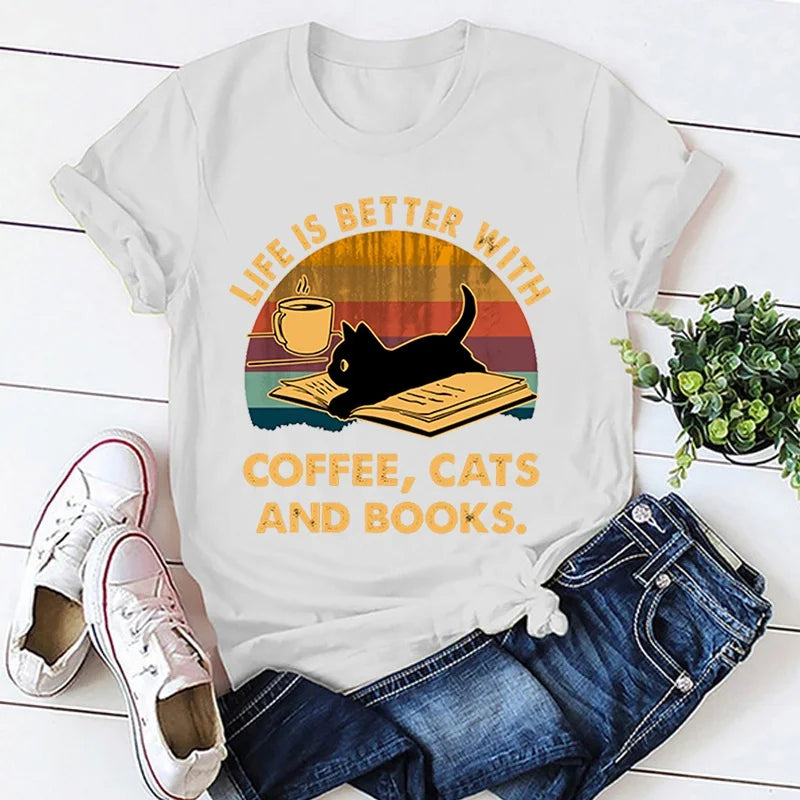 Hot Life Is Better With Coffee Cats And Books Print Loose Short Sleeve Harajuku Casual Tops Women Men T-Shirt