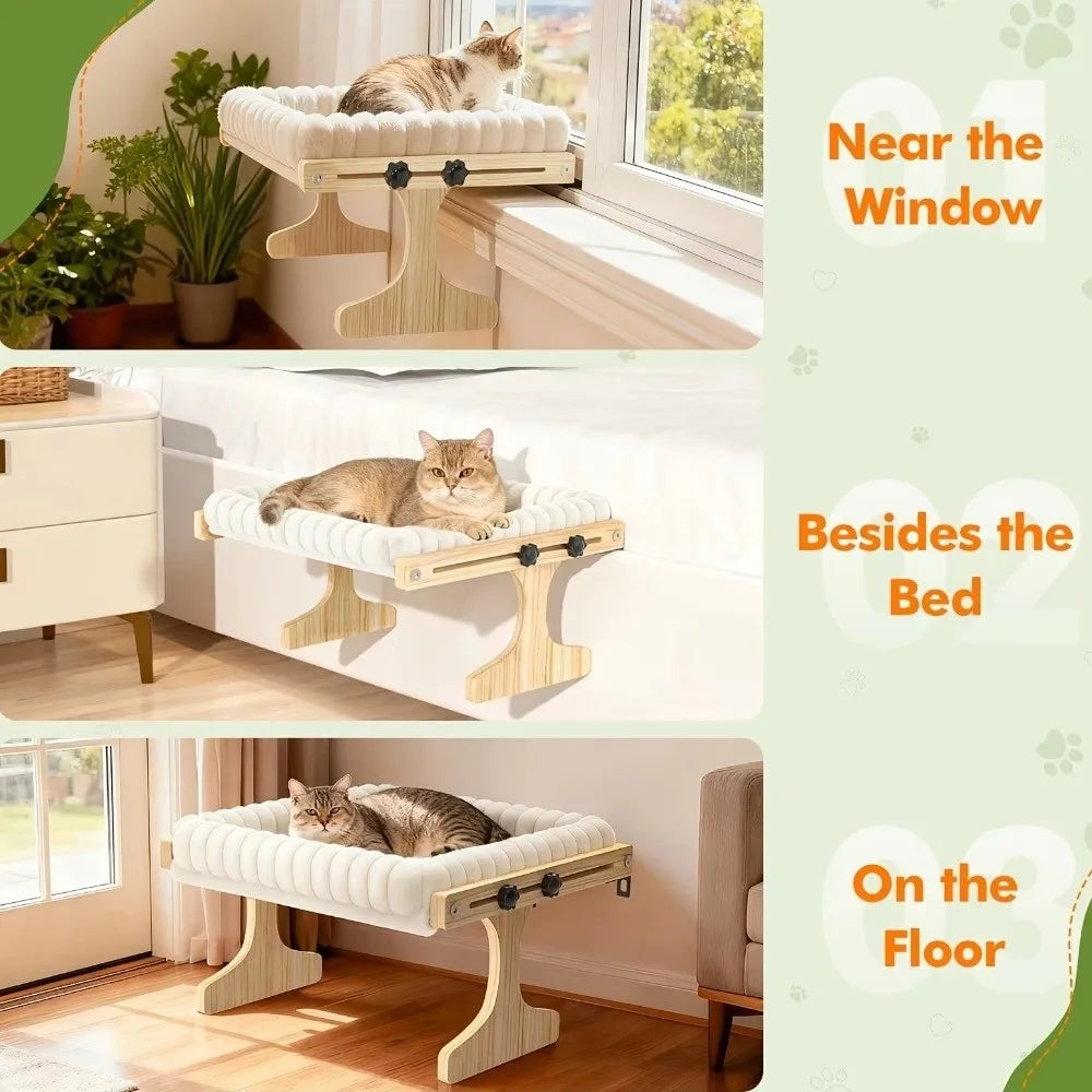 Easy To Assemble Adjustable Cat Window Perch Plush Cushion Detachable Cat Window Bed Wooden Frame Cat Hammock Balcony
