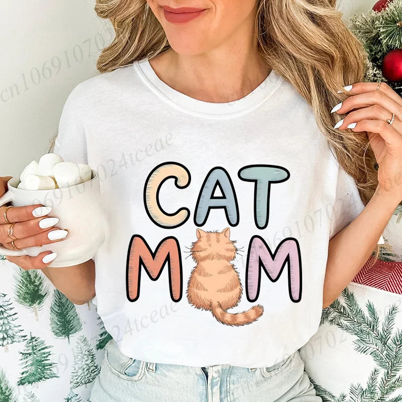 Summer New Fashion T-Shirts Cute Cat Mom Graphic Print Clothing Women's T-Shirt Harajuku Graphic Clothing Women Top Short Sleeve
