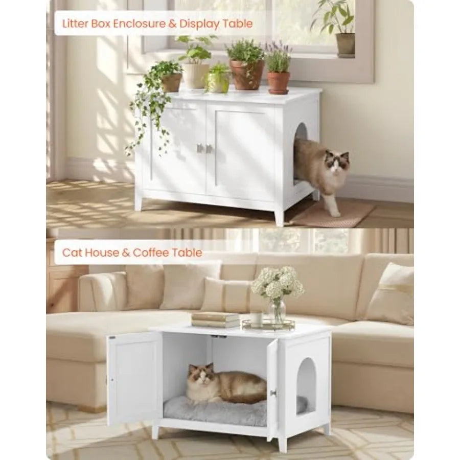 Cat Litter Box Enclosure, Modern Hidden Cat Litter Box Furniture, Double Doors, Handles, Indoor Pet House Washroom, Living Room