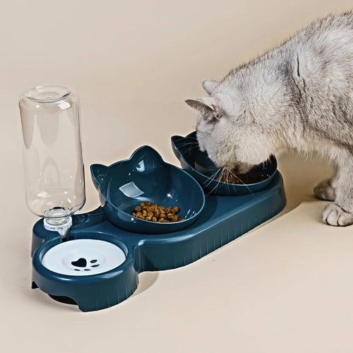 3-in-1 Tilted Cat Bowl Set with Gravity Water Bottle — Ear Design