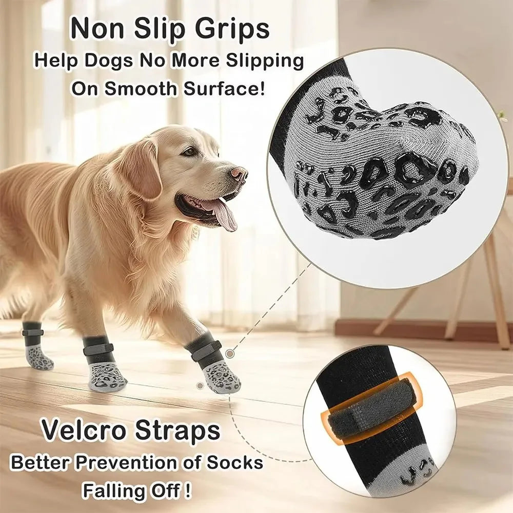 4-Pack Anti-Slip Dog Socks, Prevent Licking and Biting of Hard Wooden Floors, Strong Grip, Paw Protection, Anti-Scratch, Double-