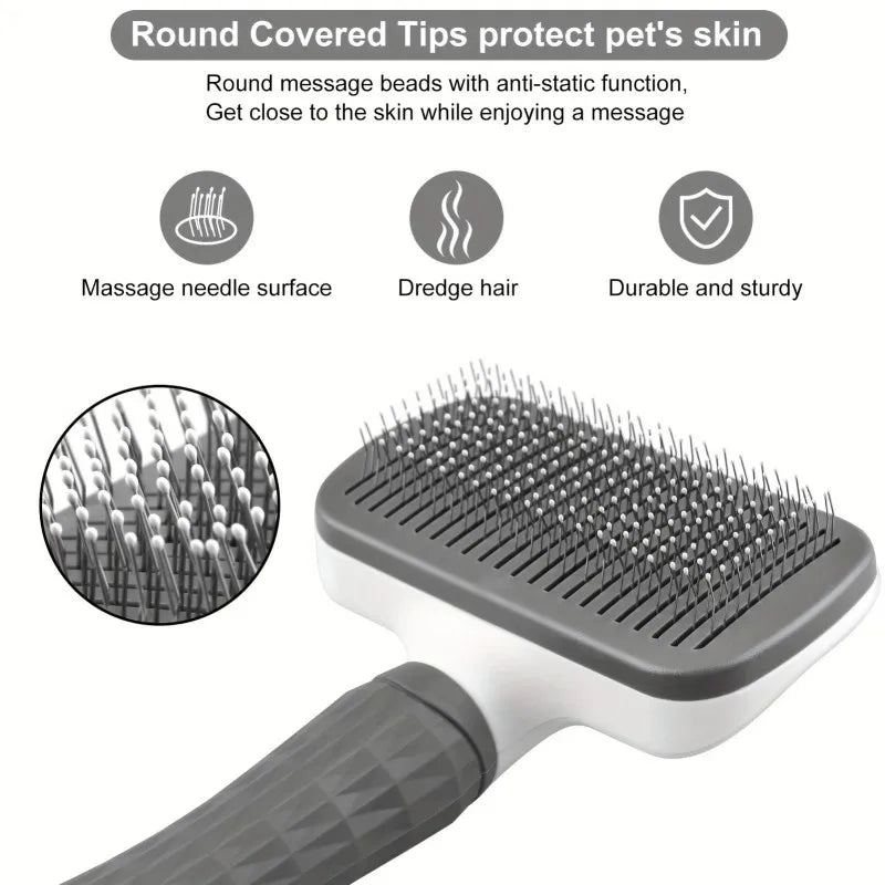 Pet Grooming Brush with One-Click Hair Removal — Massaging Comb for Dogs & Cats