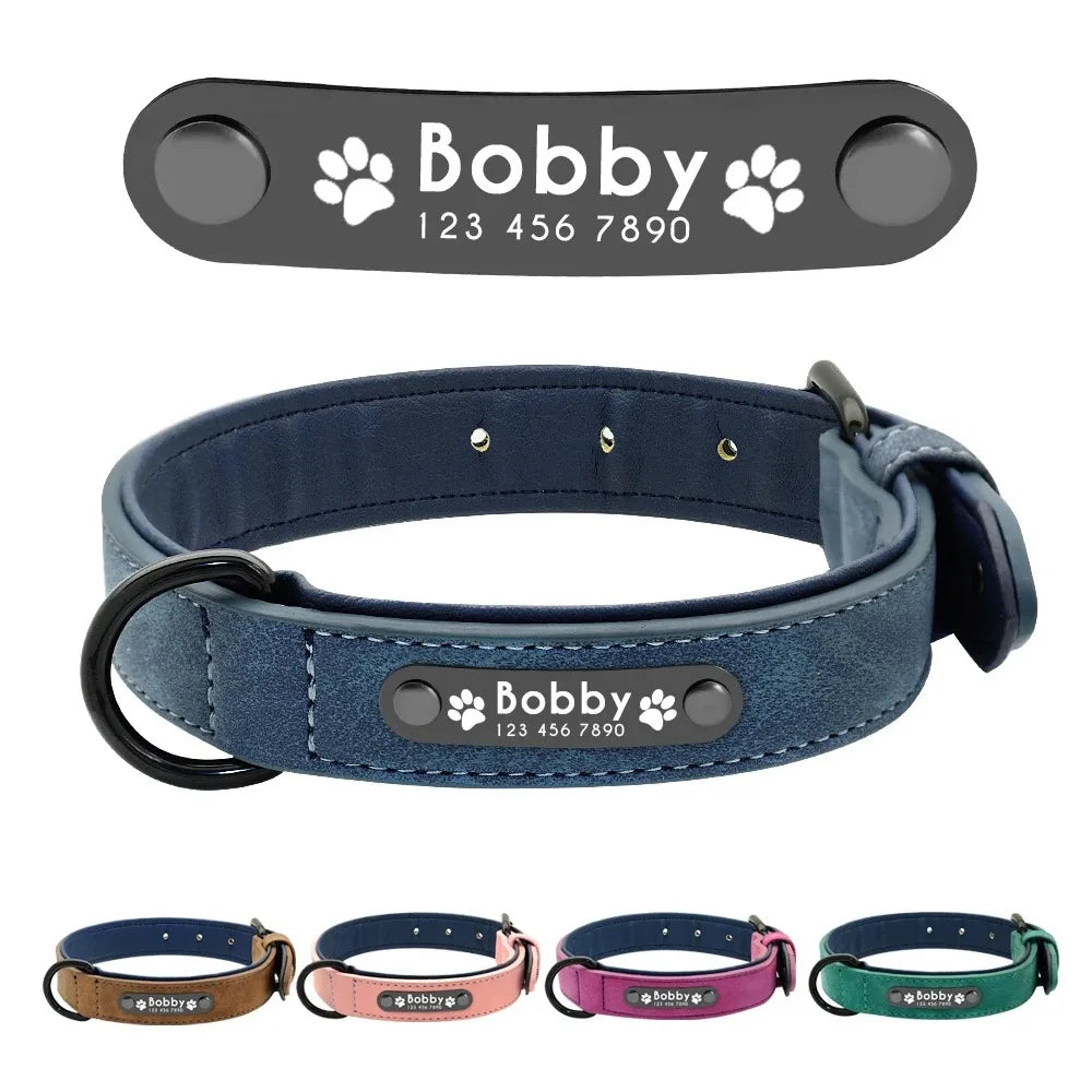 Personalized Leather Dog Collar with Custom Name ID Tag