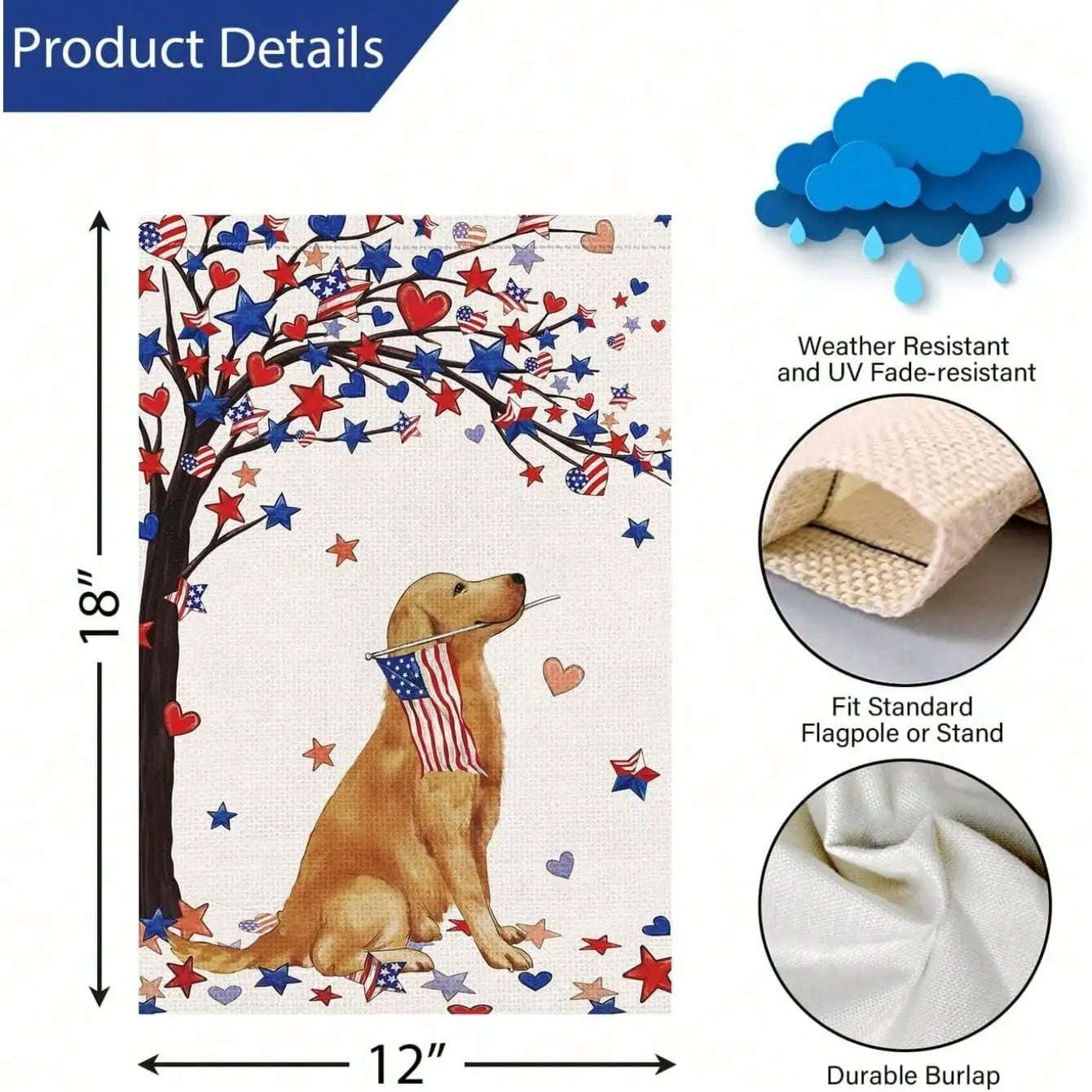 Memorial Day Patriotic Flags Double Sided Golden Retriever Dog Welcome for 4th of July Veterans Day Burlap Outdoor Yard