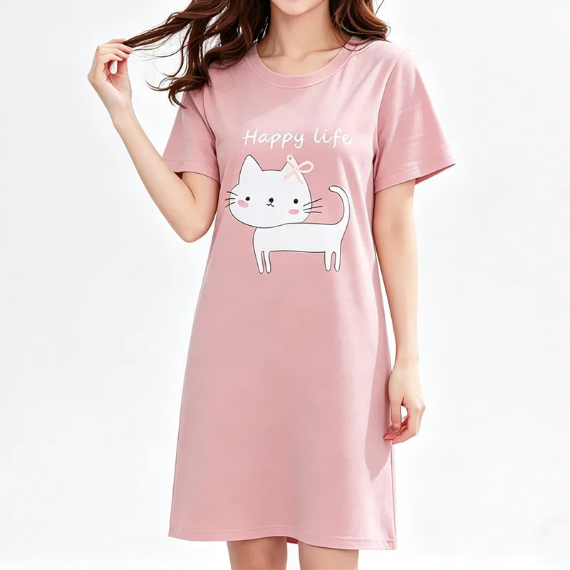 Cute Cat Women's Nightgowns Fashion Night Wear Summer Nightdress Cartoon Femme Sleepwear Plus Size Pijamas Pyjama