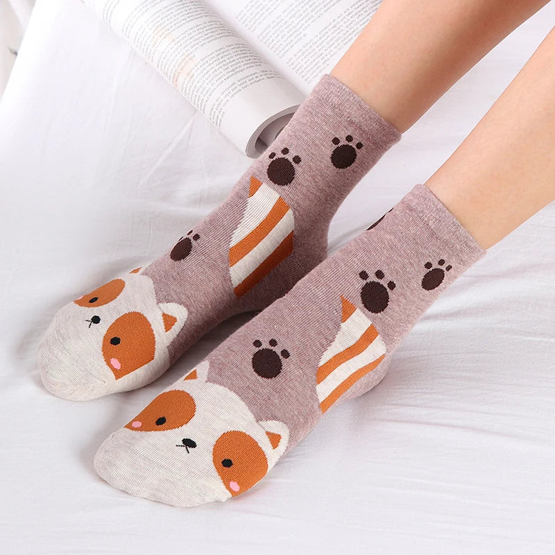 5 Pairs New Cartoon Socks Kawaii Women Cute Animal Patterned Fox Dogs Bear Cat Cotton Socks Student Printed Casual Socks Female