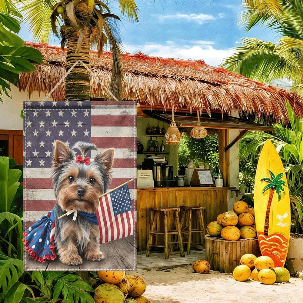 1PC Patriotic Yorkie Dog Garden Flag 4th of July Decor Double Sided Rustic American Stars and Stripes Flag Out