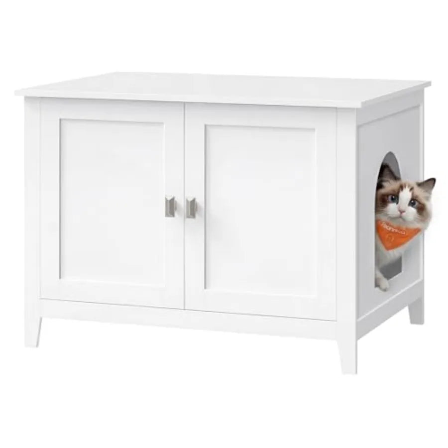 Cat Litter Box Enclosure, Modern Hidden Cat Litter Box Furniture, Double Doors, Handles, Indoor Pet House Washroom, Living Room