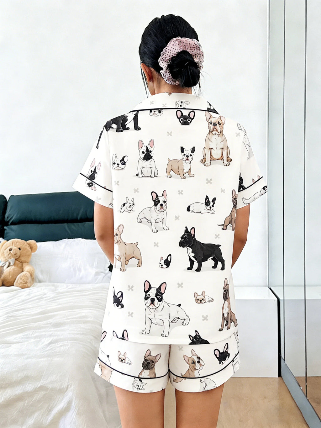 Women Pajamas Cardigan Lapel Short Sleeve Shorts 2 Piece Set Spring Summer Cute French Bulldog Print Homewear Loungewear