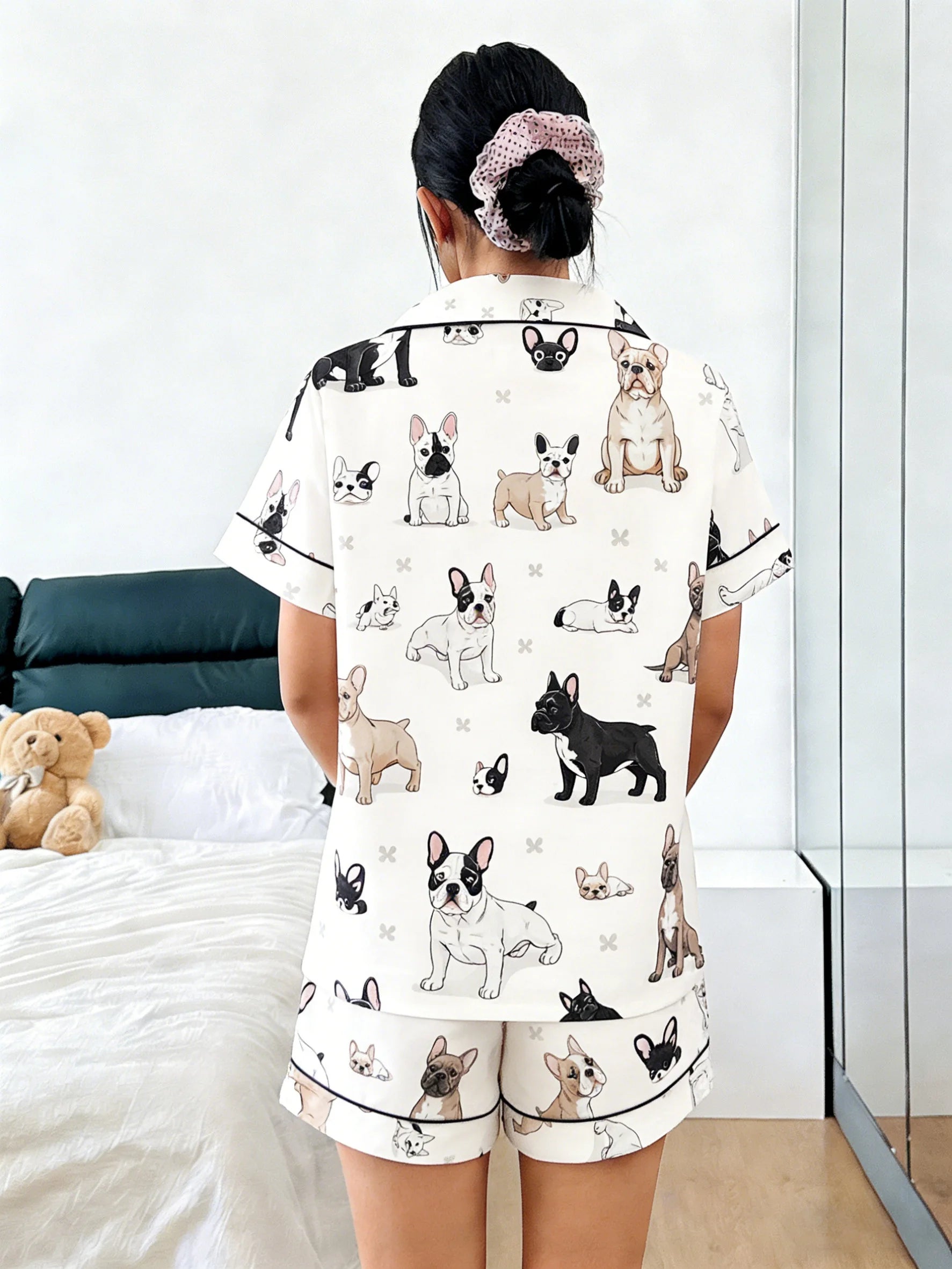 Women Pajamas Cardigan Lapel Short Sleeve Shorts 2 Piece Set Spring Summer Cute French Bulldog Print Homewear Loungewear
