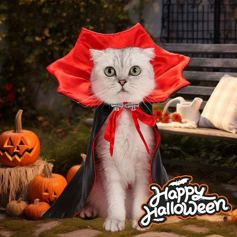 Spooky Vampire Halloween Costume for Cats, Cloak & Hat Set, Pet Party Festival Cosplay Apparel