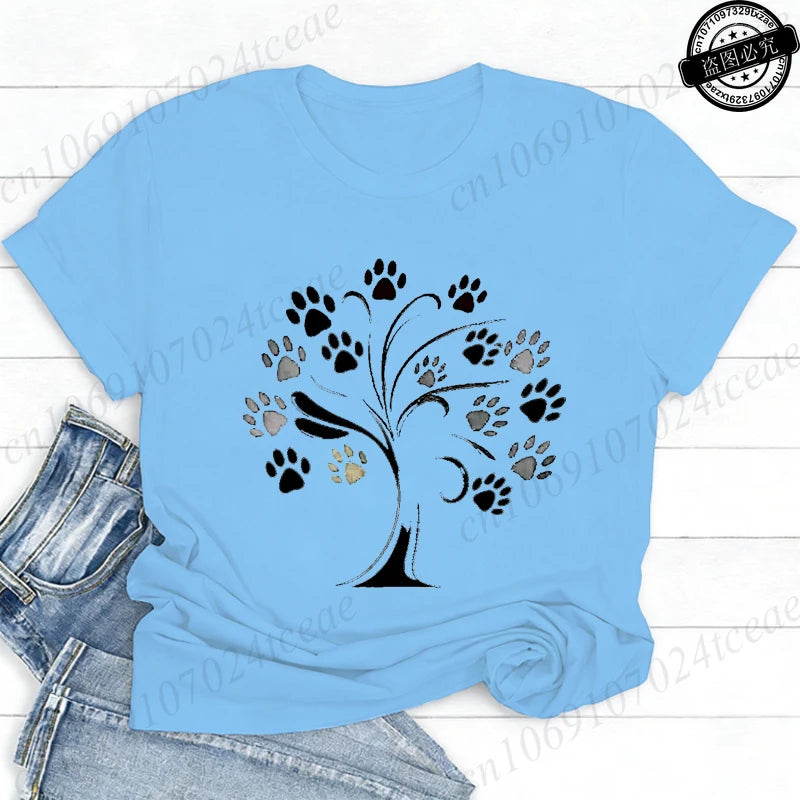 Women Dog Paw Print Graphic T Shirt Cute Pet Lover O Neck Short Sleeve Casual Streetwear Aesthetic Daily Fashion Tee Tops Gift