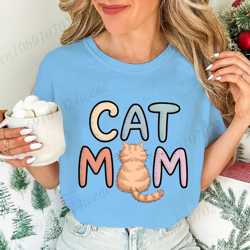 Summer New Fashion T-Shirts Cute Cat Mom Graphic Print Clothing Women's T-Shirt Harajuku Graphic Clothing Women Top Short Sleeve