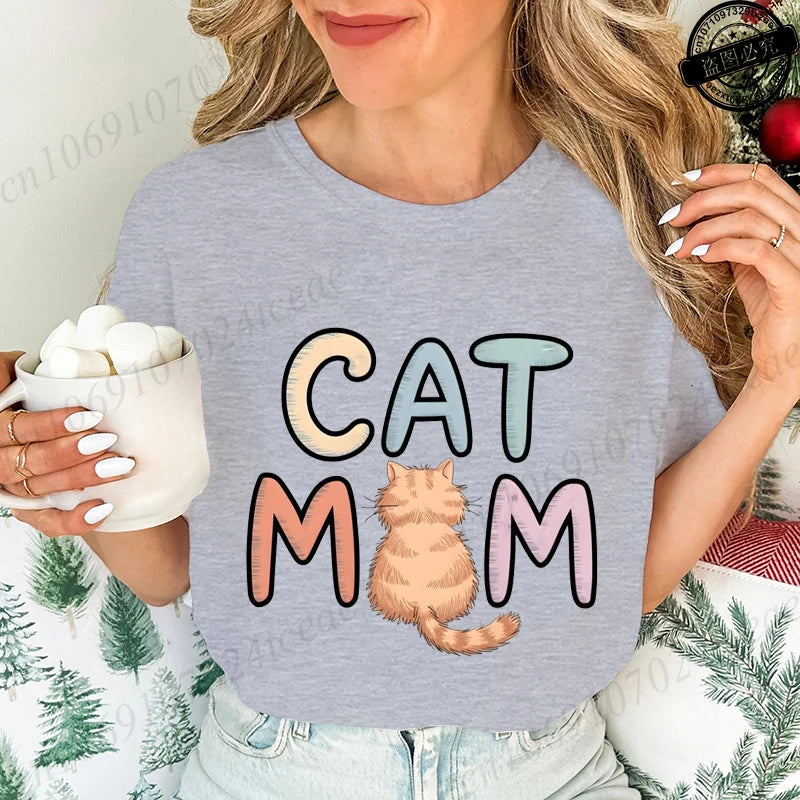 Summer New Fashion T-Shirts Cute Cat Mom Graphic Print Clothing Women's T-Shirt Harajuku Graphic Clothing Women Top Short Sleeve