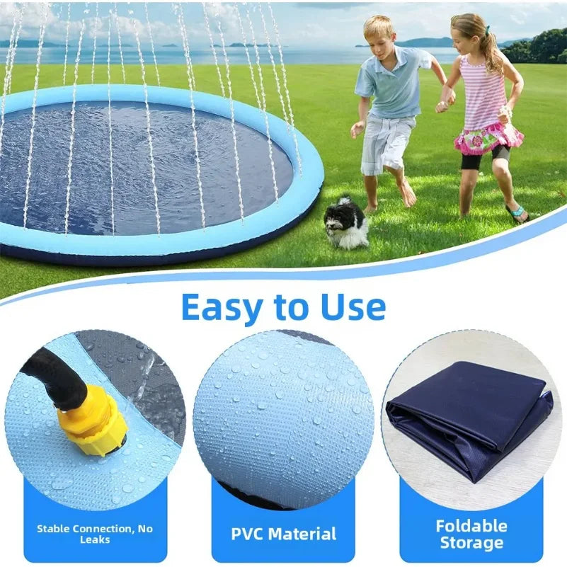 150cm Thickened Anti-Slip Pet Splash Pad Inflatable Sprinkler Mat Outdoor Backyard Water Toy Summer Cooling Pool for Dogs