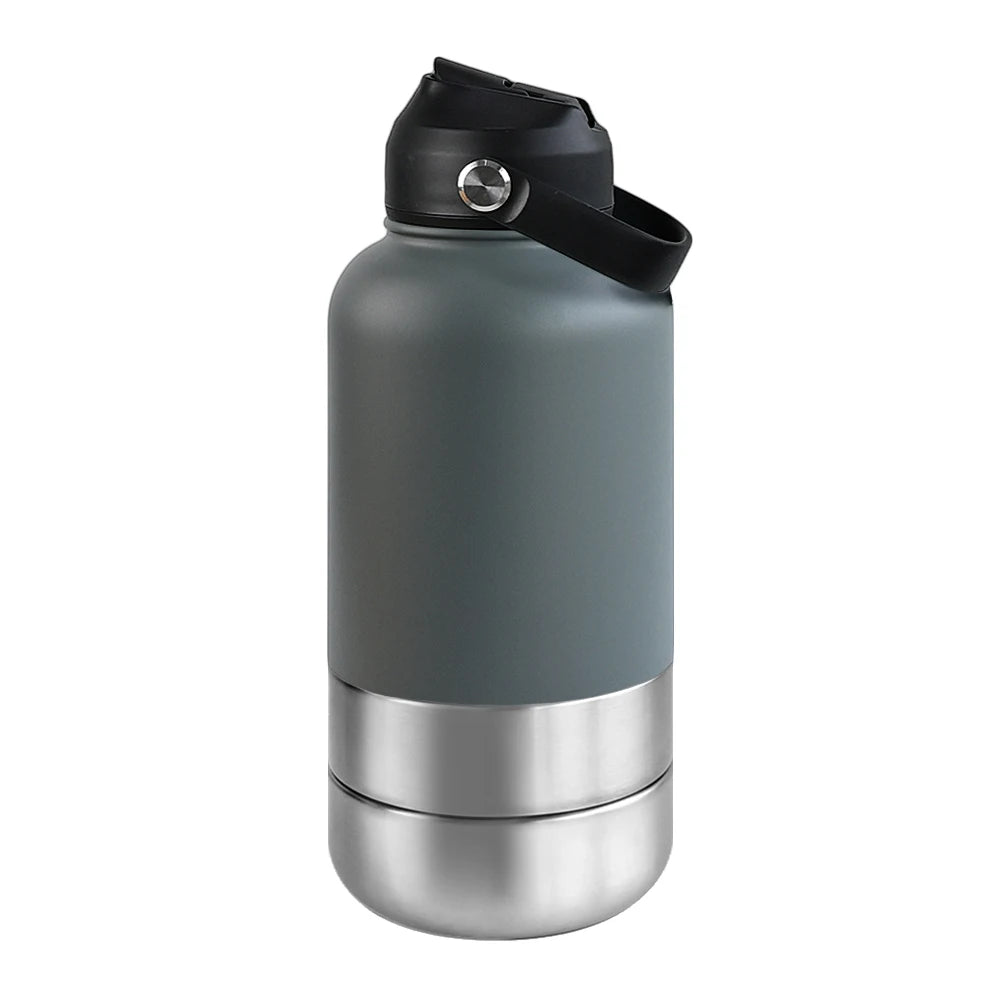 OKKPETS 32Oz Portable 3 in 1 Pet Water Bottle Stainless Steel Pet Feeder Travel Outdoor 34Oz Multifunc Pet Bowl Dog Food Cup
