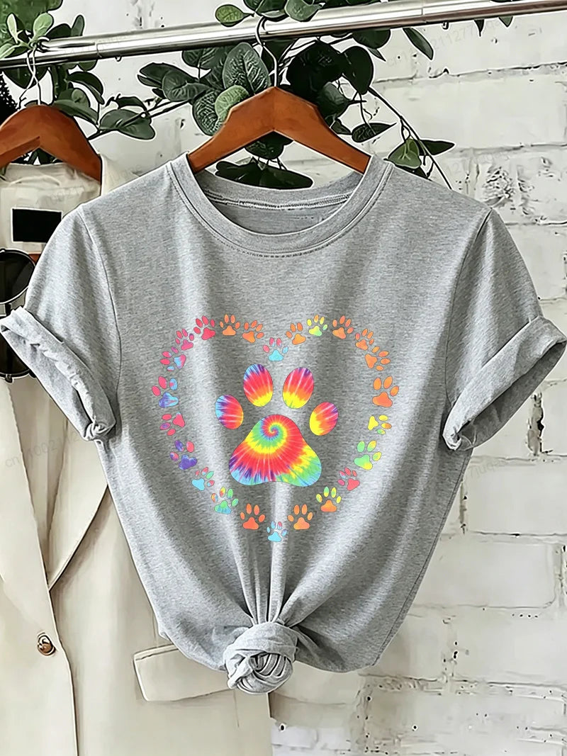 Dog Paw Print Heart Animal Lover T-Shirts Colorful Dog Paw Colorful Dog Paw Shirts Heart Anime Women's T-Shirts Short Sleeve
