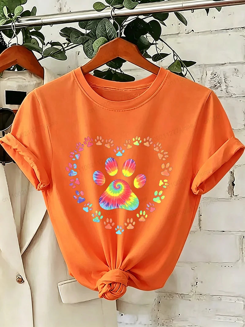 Dog Paw Print Heart Animal Lover T-Shirts Colorful Dog Paw Colorful Dog Paw Shirts Heart Anime Women's T-Shirts Short Sleeve