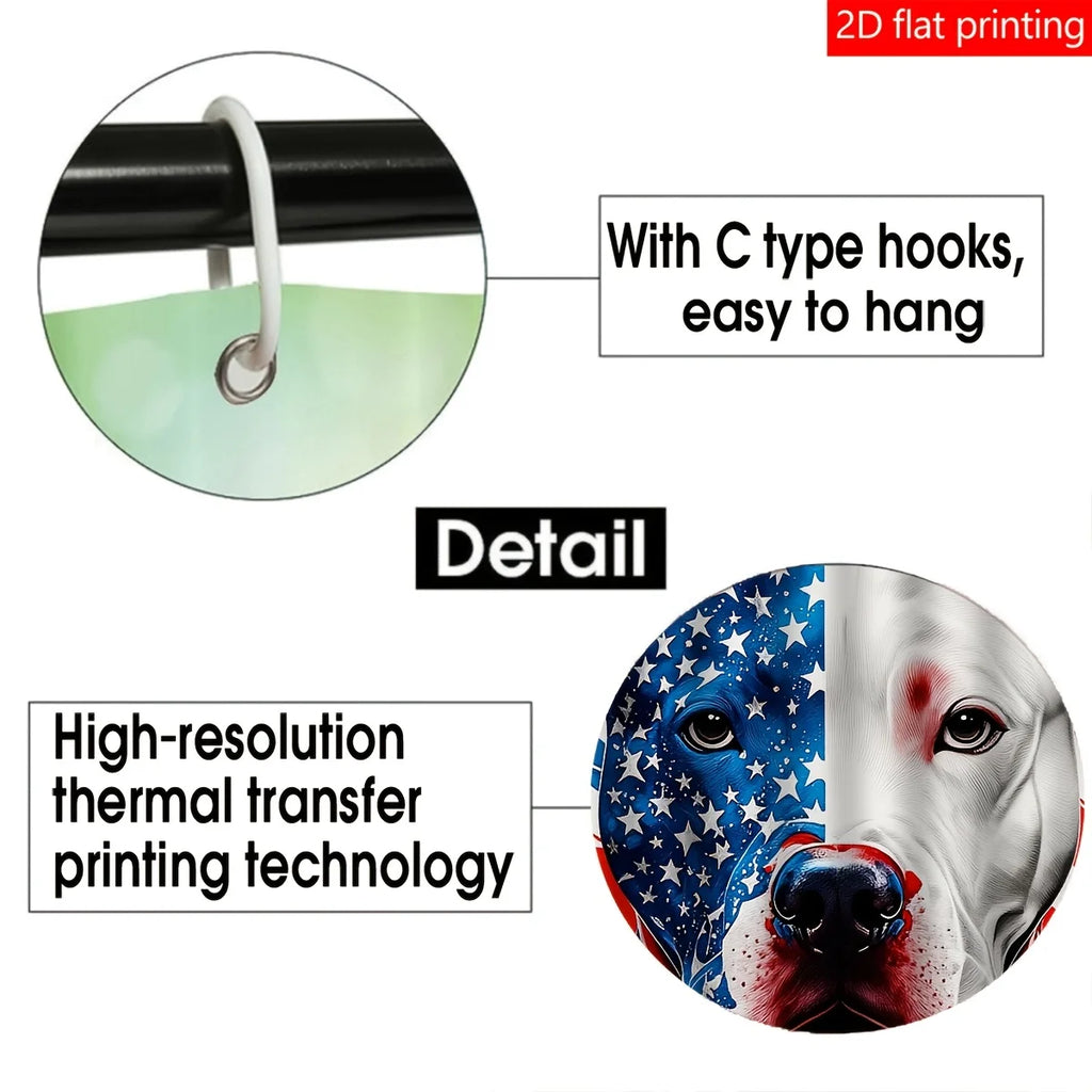 2D Flat Stars Stripes Pitbull Shower Curtain Set Patriotic Bathroom Decor with Hooks Polyester Washable Home Art