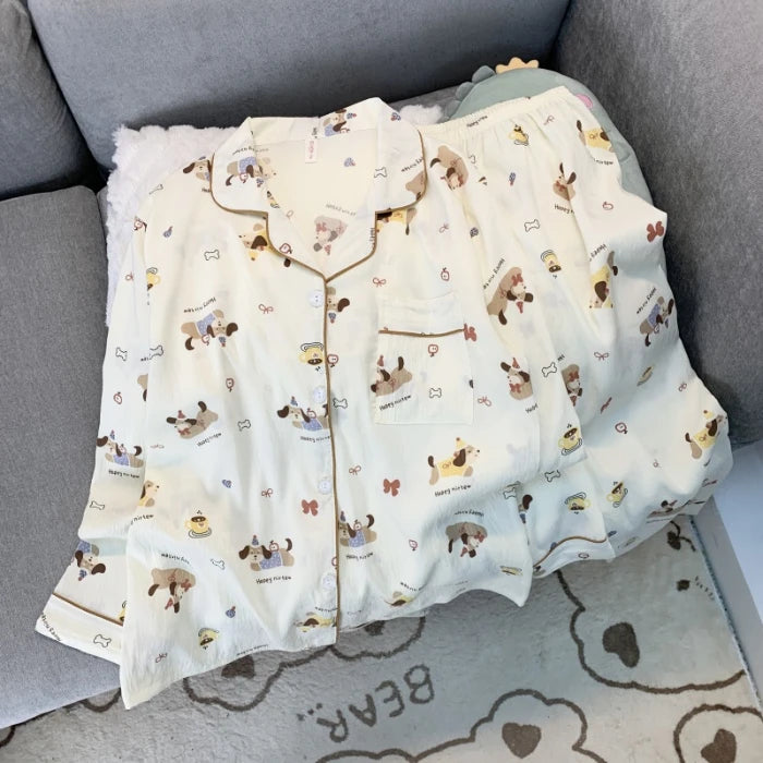 Love Cat Bow Tie Dot Print Kawaii Set 2 Piece Woman Pajamas Harajuku Style Sweet Cute Women's Pajamas Casual Spring Sleepwear