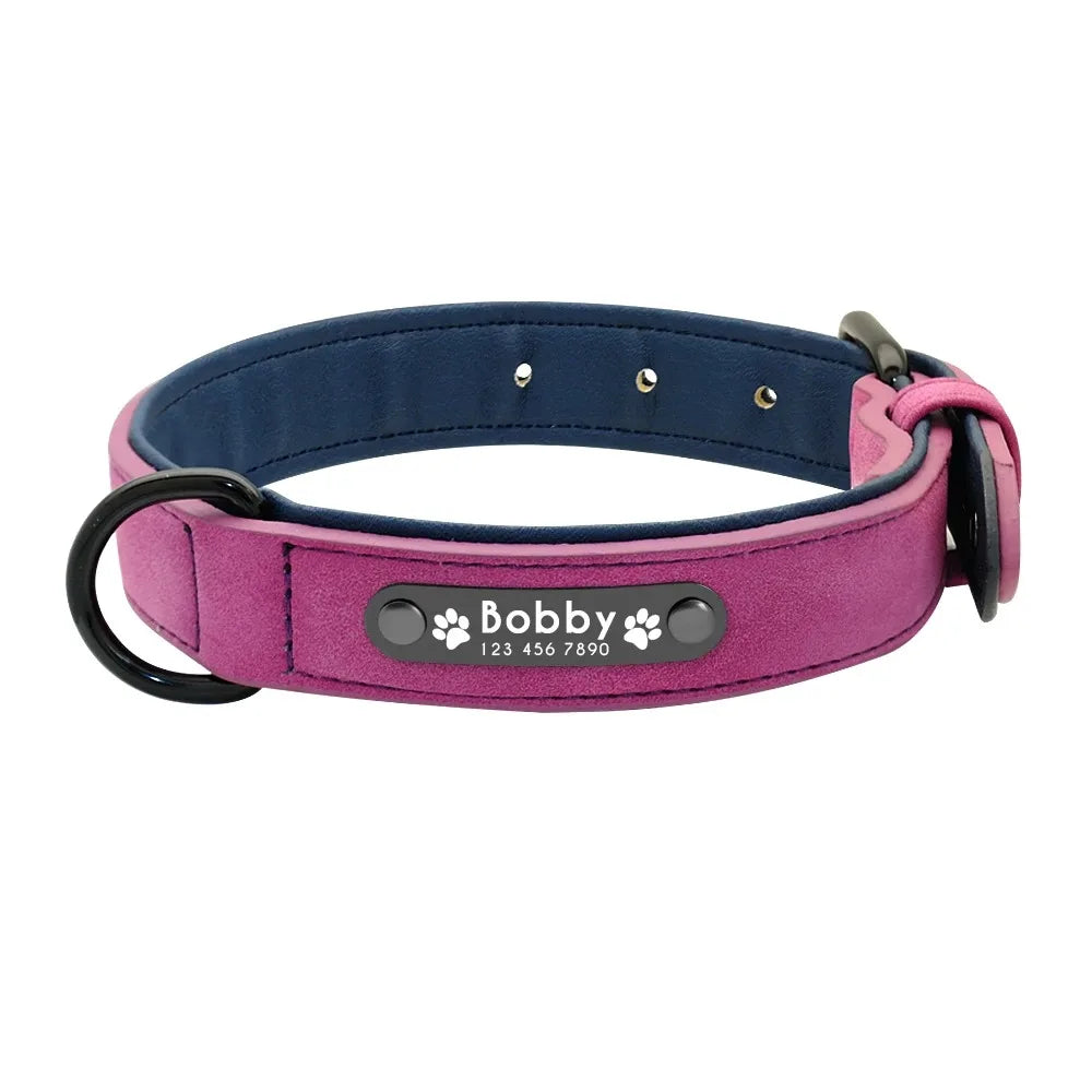 Personalized Leather Dog Collar with Custom Name ID Tag