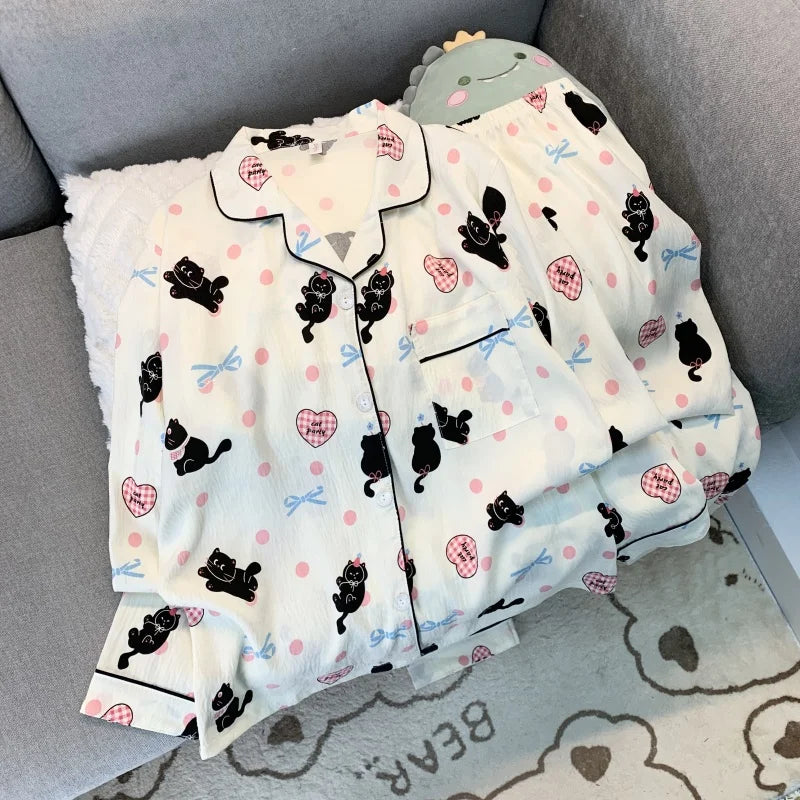 Love Cat Bow Tie Dot Print Kawaii Set 2 Piece Woman Pajamas Harajuku Style Sweet Cute Women's Pajamas Casual Spring Sleepwear