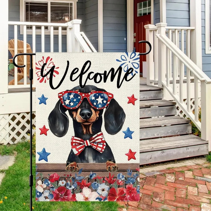 1pc 12x18in Independence Day Dachshund Garden Flag Double Sided Patriotic Farmhouse Yard Outdoor Decor