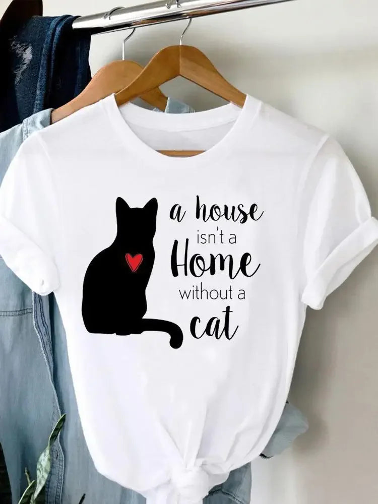 Women's Harajuku Short-Sleeved Graphic T-Shirt Cat Print Aesthetic Top Casual Wear Polyester Fabric Summer Fashion