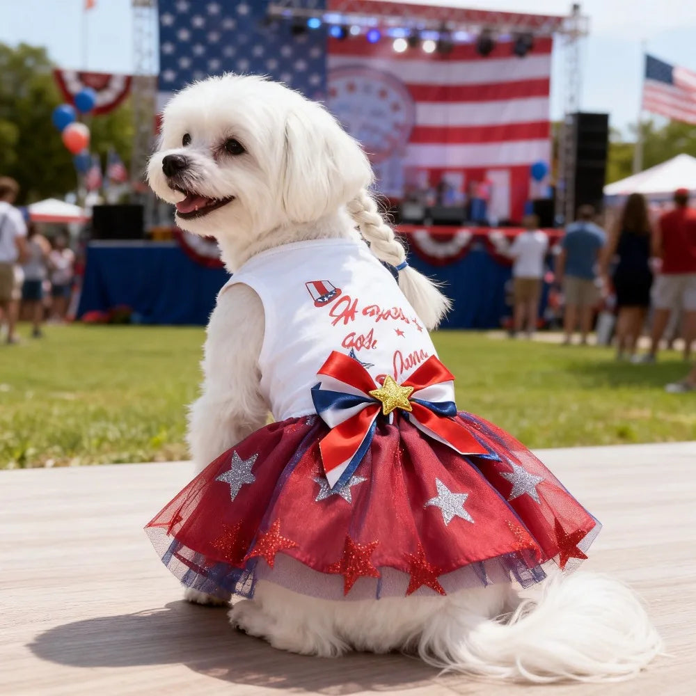 Dog Dress Clothes Pet Mesh Dress Patriotic Independence Day Classic Skirt for Cats Dogs Spring Summer Costume Festival Dress Up