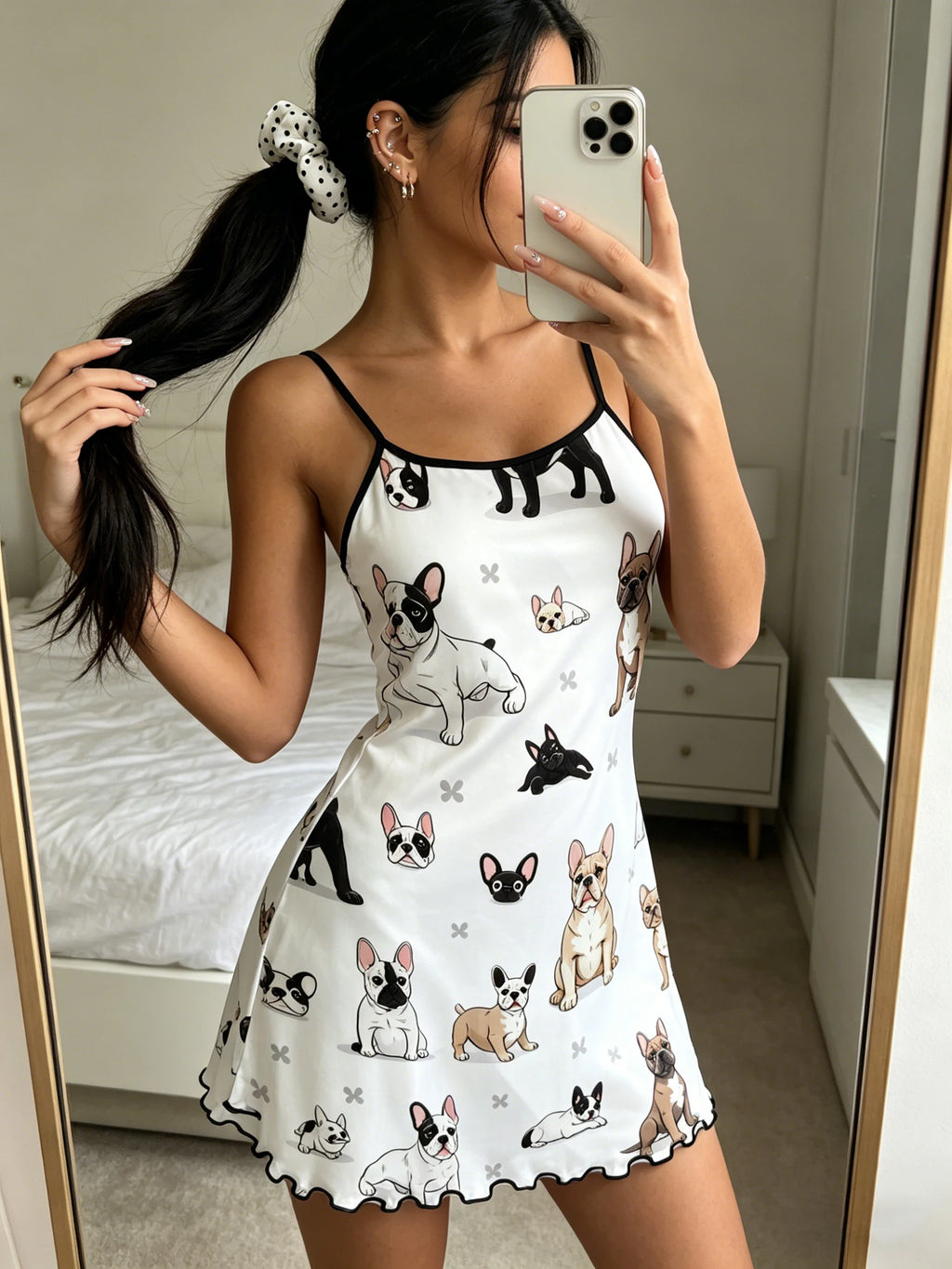 Women Summer Nightdress Spaghetti Strap Ruffle Trim Round Neck Home Loungewear Sleep Dress Cute French Bulldog Print