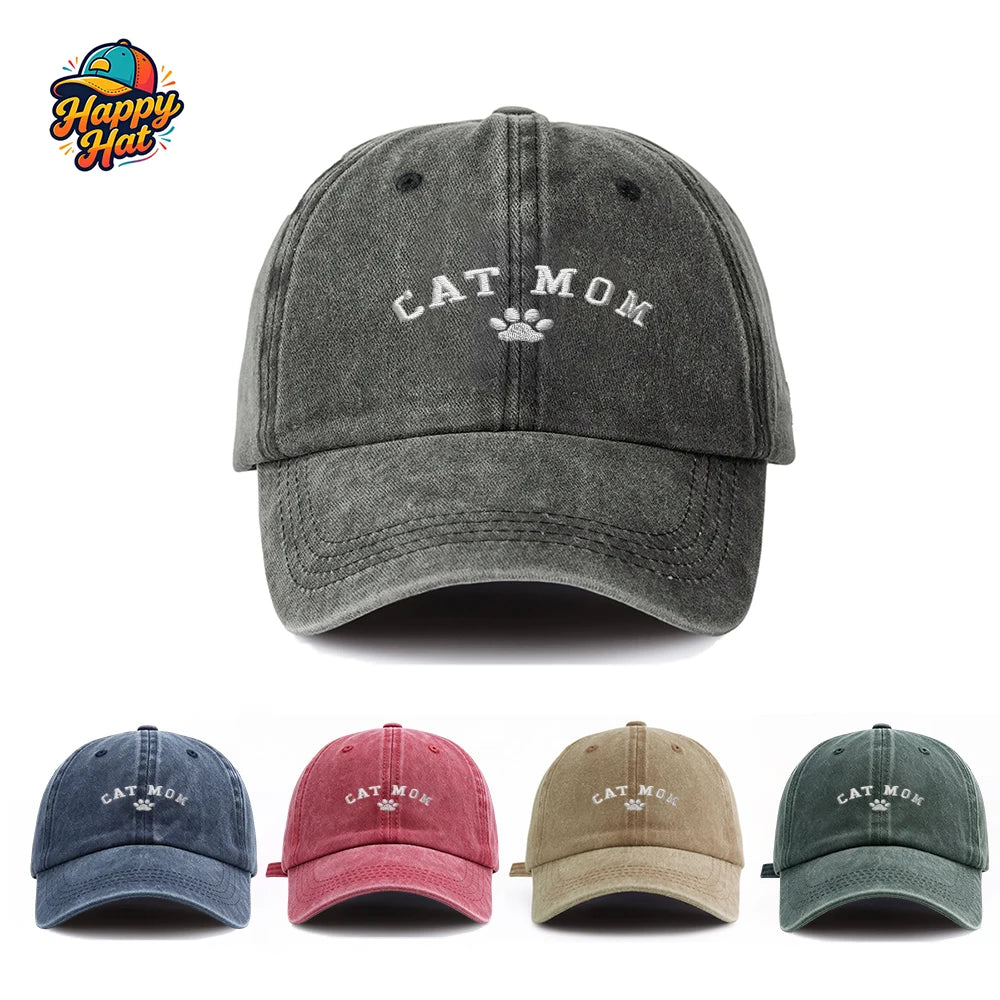 Cat Mom Paw Print Embroidered Vintage Baseball Cap for Women Sun Hat for Summer Daily Wear Beach Sports