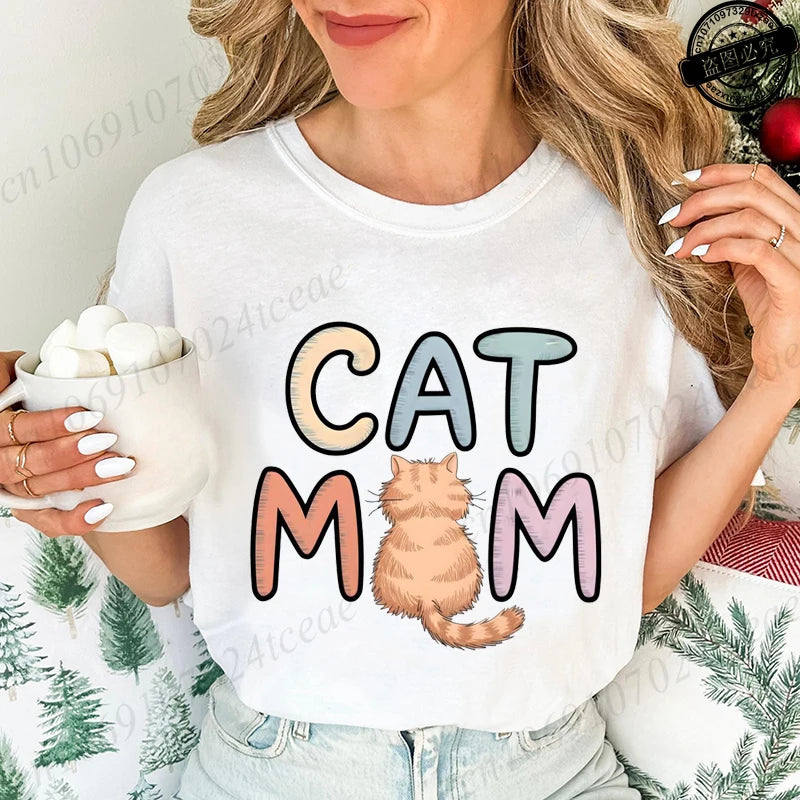 Summer New Fashion T-Shirts Cute Cat Mom Graphic Print Clothing Women's T-Shirt Harajuku Graphic Clothing Women Top Short Sleeve