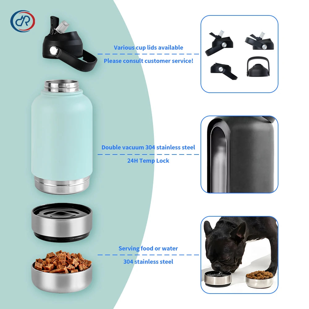 OKKPETS 32Oz Portable 3 in 1 Pet Water Bottle Stainless Steel Pet Feeder Travel Outdoor 34Oz Multifunc Pet Bowl Dog Food Cup