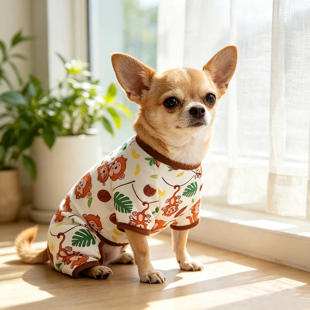 Summer Dog Vest Cute Cartoon Monkey Banana Leaf Print Breathable Thin Four Legged Pajamas for Small Medium Dog Vest Pet Clothes