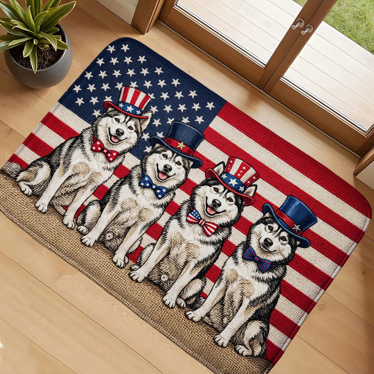 Patriotic Husky Dog Doormat US Flag Independence Day Entrance Rug Funny Animals Non-Slip Welcome Floor Mat for Home Decor