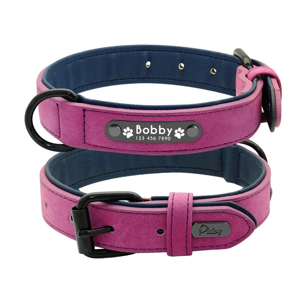 Personalized Leather Dog Collar with Custom Name ID Tag